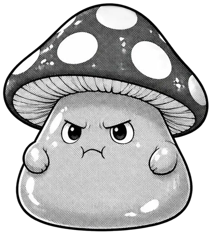 Bramble the Slimecap, slime bulat bertopi jamur berbintik, cemberut.