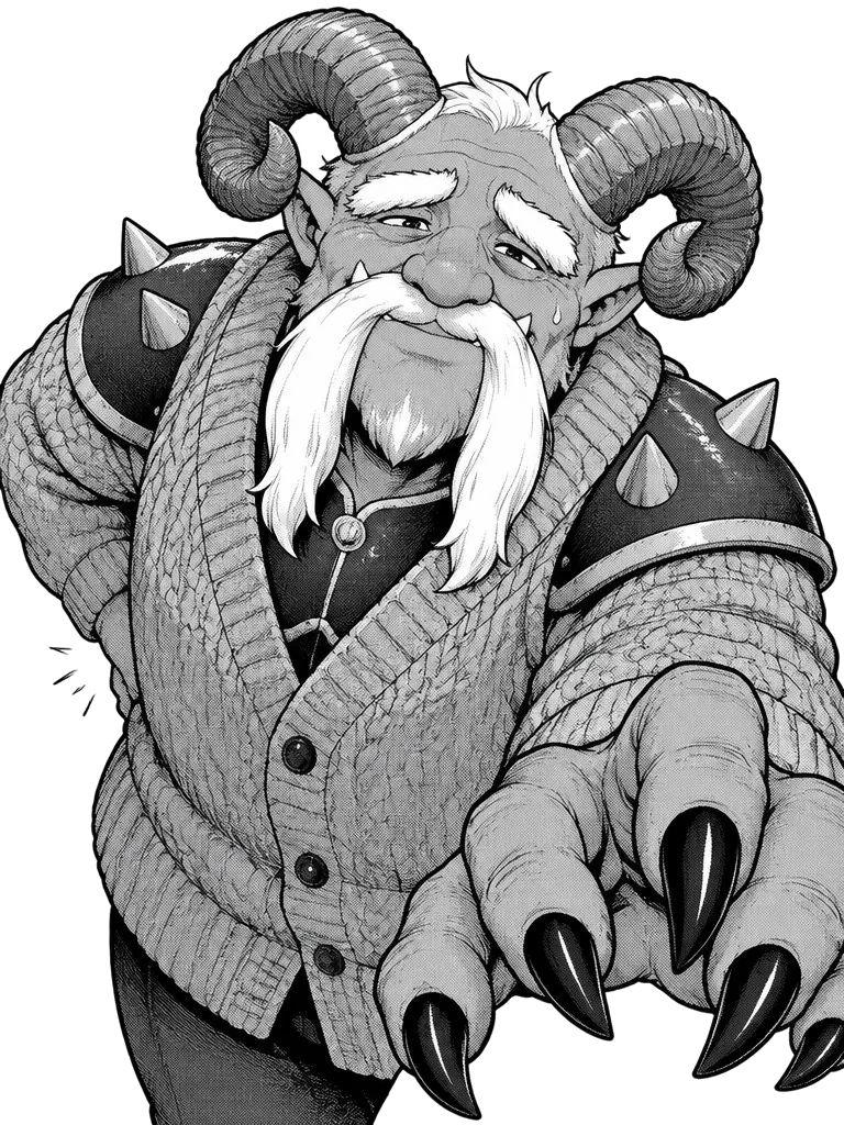 Fiend King Morrow, raksasa tua bertanduk domba dengan kumis putih panjang dan kardigan rajut di atas zirah, satu tangan memegang punggung.