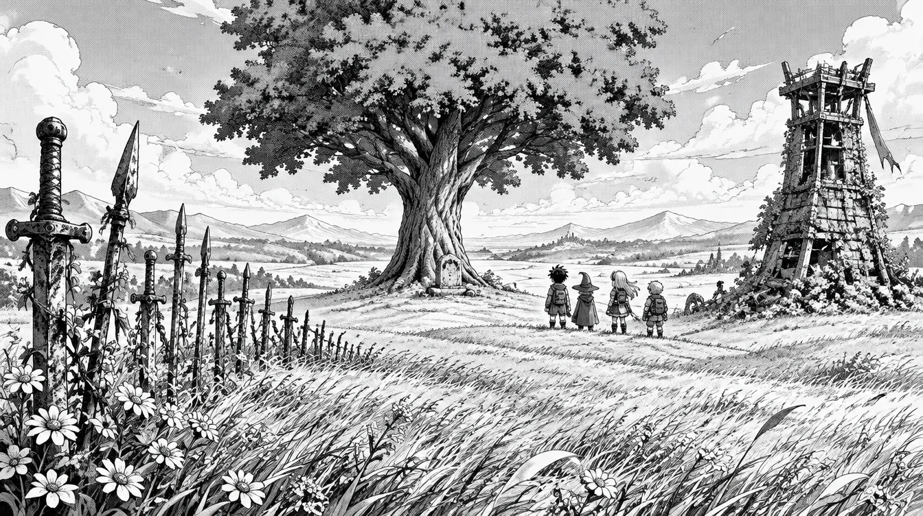 Quietfield: bekas medan perang, pedang berkarat jadi pagar bunga, satu pohon besar dengan batu kecil di bawahnya.