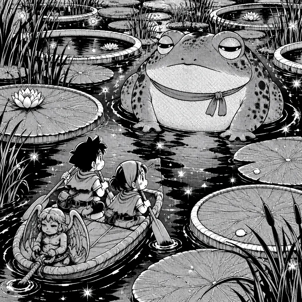 Saucer Marsh: kolam-kolam bundar, daun teratai raksasa, kodok besar berselendang menghalangi jalan, anak-anak mendayung rakit daun.